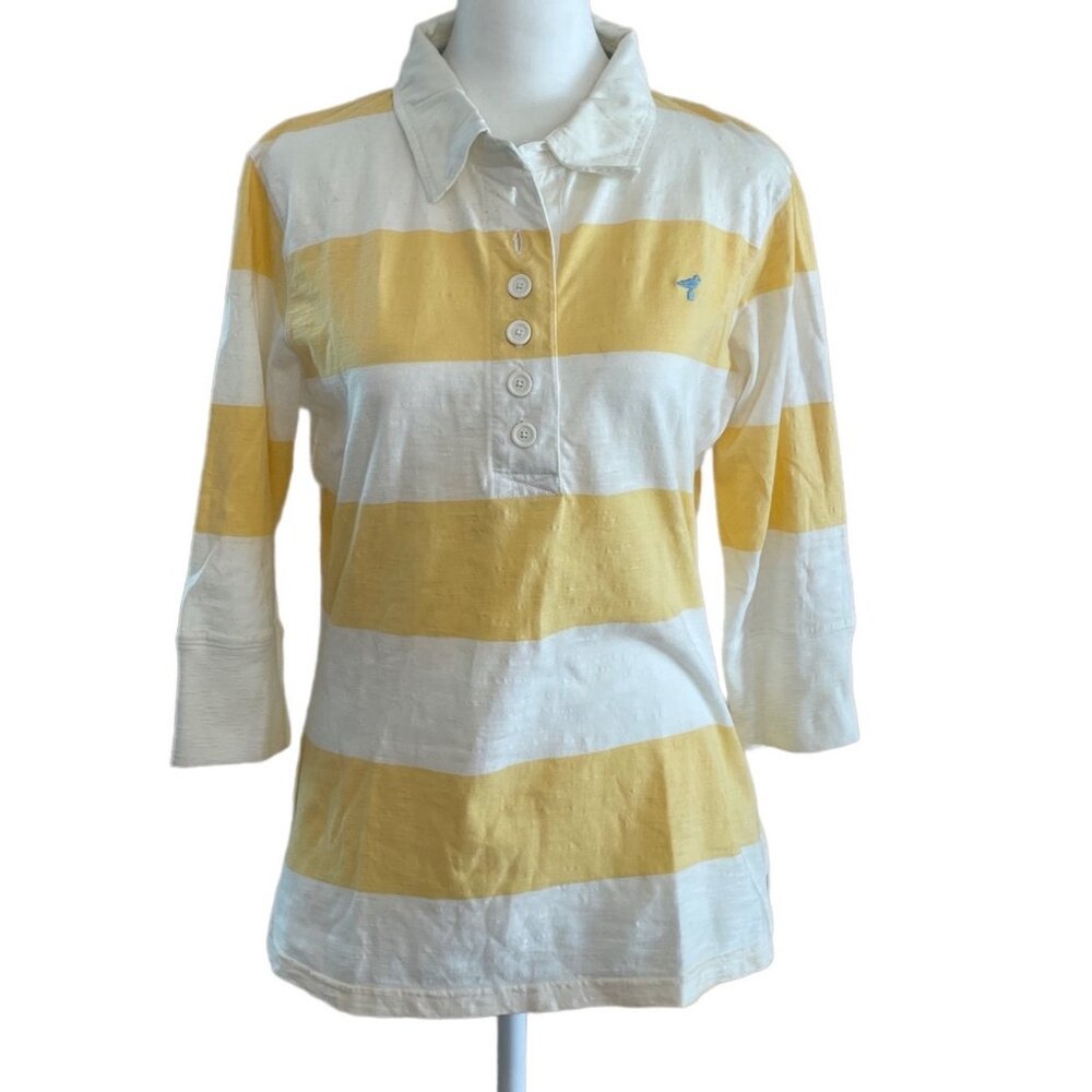 WWS Authentic Womens Striped 3/4 Sleeve Polo Shirt Yellow/White Size M Casual Cl